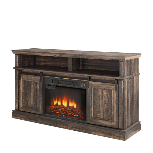 Modern Entertainment Console TV Stand With 23  Fireplace Insert, Multipurpose Sliding Door TV Cabinet Large Storage Space, 58.11  W  15.79  D  32.36  H Antique Brown